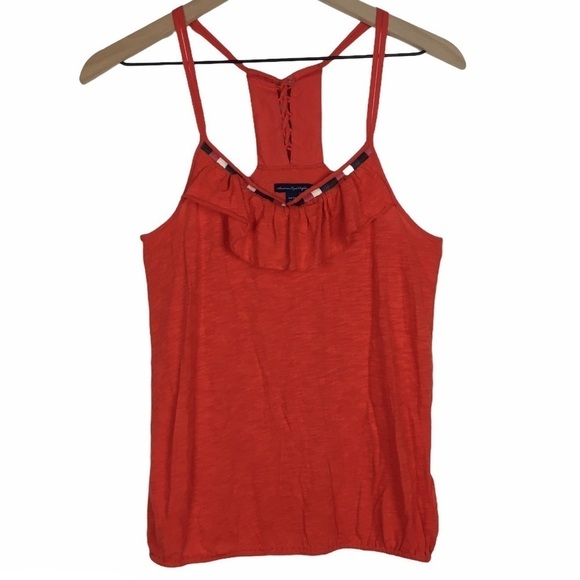 AMERICAN EAGLE Cami Tank Top Embroidered Beads Boho Ruffle Lace Up Back Size XS - Picture 1 of 11